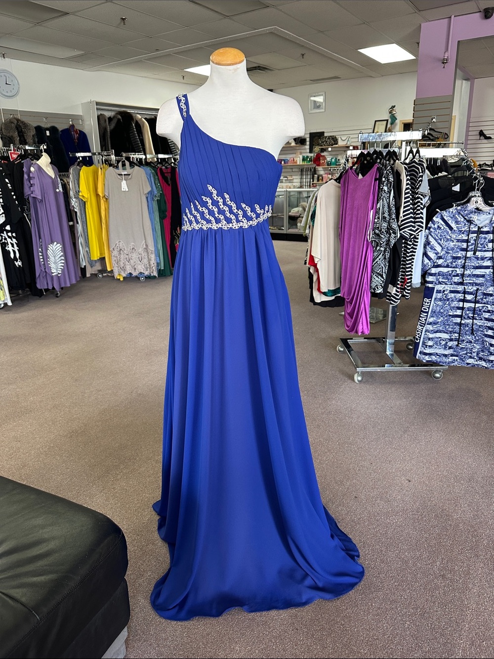 One-Shoulder Royal Blue Evening Gown with Silver Accent